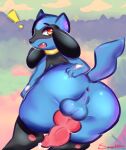  absurd_res animal_genitalia animal_penis anthro anus balls big_butt blue_body bodily_fluids butt canine_penis genital_fluids genitals hand_on_butt hi_res looking_at_viewer lucidkitty male nintendo open_mouth penis pok&eacute;mon pok&eacute;mon_(species) precum presenting presenting_penis rear_view riolu solo video_games 