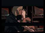  1boy 1girl ace_attorney amikoiiko apollo_justice:_ace_attorney arm_around_neck black_border black_shirt blonde_hair blurry blurry_background blush border box brown_hair cardboard_box closed_eyes collared_shirt commentary dark-skinned_male dark_skin drill_hair earrings ema_skye facing_away facing_to_the_side fingernails green_vest gyaruo hug hug_from_behind imminent_kiss jewelry klavier_gavin long_hair long_sleeves mismatched_eyebrows open_collar open_mouth pink_lips pink_shirt pink_wrist_cuffs popped_collar shelf shirt side_drill single_earring sleeves_rolled_up striped_foreground untranslatable_commentary upper_body vest waistcoat watch wrist_cuffs wristwatch 