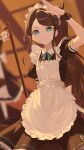  2girls apron aris_(blue_archive) aris_(maid)_(blue_archive) black_dress black_hair blue_archive blue_eyes closed_mouth commentary_request dress highres holding holding_mop long_hair looking_at_viewer maid maid_apron maid_headdress mop multiple_girls official_alternate_costume official_alternate_hairstyle ponytail re_naya short_sleeves smile very_long_hair 