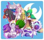  1girl absurdres alternate_color blue_background blue_tongue blush border brown_hair colored_tongue commentary_request crabominable decidueye green_eyes gumshoos hair_ribbon hand_fan haunter highres holding holding_fan long_hair mudsdale nostrils on_lap one_eye_closed open_mouth oranguru outline pokemon pokemon_(creature) pokemon_on_lap pokemon_sun_and_moon pokemon_team ribbon sharp_teeth shiny_pokemon shirt sitting sleepeeeeeeer smile teeth tongue tongue_out white_border white_outline white_ribbon white_shirt 