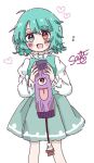  1girl :d aqua_eyes aqua_hair aqua_skirt commentary_request cowboy_shot heart heterochromia holding holding_umbrella long_sleeves looking_at_viewer open_mouth purple_umbrella red_eyes salt_(saltty) shirt short_hair signature skirt smile solo tatara_kogasa touhou umbrella white_shirt 