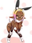  1girl alternate_breast_size_(larger) alternate_costume animal_ear_hairband animal_ears bare_shoulders bikini black_thighhighs blonde_hair boots breasts cleavage closed_mouth colored_eyelashes colored_tongue commentary_request dark-skinned_female dark_skin dotted_background earrings fake_animal_ears fangs fish_hook_earrings frye_(splatoon) full_body fur-trimmed_gloves fur_bikini fur_boots fur_trim gloves hairband hands_on_own_knees hanging_breasts highres inkling jewelry large_breasts leaning_forward looking_at_viewer navel neck_warmer purple_hair purple_tongue rabbit_ear_hairband rabbit_ears rabbit_tail simple_background single_earring solo splatoon_(series) splatoon_3 swimsuit symbol-shaped_pupils t2ukmyjm tail tentacle_hair thighhighs thighs very_dark_skin white_background white_bikini white_boots white_gloves yellow_eyes 