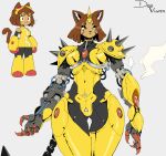2026 5_fingers absurd_res accessory anthro armor brown_hair claws clothed clothed_anthro clothing colored curvy_figure cybernetic_arm cybernetic_limb cybernetics cyborg deusvulpes digital_drawing_(artwork) digital_media_(artwork) felid feline female female_anthro fingers gameoverse glitch_productions hair hi_res kit_bodega machine mammal mechanical_arm pipe power_armor redesign science_fiction simple_background solo spikes tail thick_thighs whiskers wide_hips yellow_body