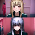  >:) 2girls aegyo_sal alternate_costume blank_stare blonde_hair blue_eyes blunt_sidelocks blurry blurry_background blush center-flap_bangs cho_kaguya-hime! closed_mouth commentary_request dot_nose etoshi green_jacket green_pupils hair_down highres hime_cut indoors jacket kaguya_(cho_kaguya-hime!) long_hair long_sidelocks looking_at_viewer meme multiple_girls partial_commentary red_eyes red_pupils runami_yachiyo shaded_face sidelocks smile smug sparkle sparkling_aura squid_game staring straight-on straight_hair tareme track_jacket unamused v-shaped_eyebrows white_hair year_1_&amp;_year_2_(squid_game)_(meme) 