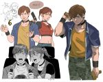  1boy 1girl bike_shorts bike_shorts_under_shorts break_action brown_hair claire_redfield denim grenade_launcher gun handgun highres holding holding_gun holding_weapon jacket jeans m79 meme midriff pants parody ponytail red_jacket resident_evil resident_evil_-_code:_veronica shorts steve_burnside tirtyturtle weapon 