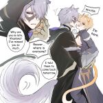  2boys absurdres animal_ears black_bodysuit black_cape black_sclera blonde_hair blush bodysuit cape cat_ears cat_tail closed_eyes colored_sclera cowboy_shot cracked_skin dual_persona eliice131 english_commentary english_text from_side gauntlets grey_hair hair_between_eyes hair_over_one_eye half-closed_eye hand_on_another's_face hand_up heart highres honkai:_star_rail honkai_(series) hood hooded_cape hug kemonomimi_mode kiss kissing_cheek long_hair_between_eyes looking_at_another male_focus multiple_boys one_eye_closed open_mouth phainon_(flame_reaver)_(honkai:_star_rail) phainon_(honkai:_star_rail) phainon_(khaslana)_(honkai:_star_rail) purple_eyes selfcest short_hair simple_background single_gauntlet speech_bubble spoken_heart standing tail white_background wolf_ears wolf_tail yaoi 