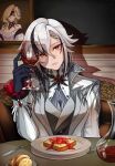  1girl absurdres alcohol arlecchino_(genshin_impact) black_eyes black_hair black_hands black_streaks colored_extremities cup decanter drinking_glass food genshin_impact hair_between_eyes hearthfire's_trail_(genshin_impact) highres holding long_hair looking_at_viewer meal multicolored_hair portrait_(object) red_pupils red_wine signora_(genshin_impact) signora_(the_final_gift)_(genshin_impact) steak_tartare streaked_hair symbol-shaped_pupils two-tone_hair waannkt_28 white_hair wine wine_glass x-shaped_pupils 