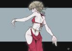  1girl absurdres ass belly_dancing blonde_hair blush bracelet breasts commentary_request commission dancer earrings from_behind grey_eyes harem_outfit highres jewelry looking_at_viewer looking_back mji_(emucchi) original pixiv_commission profile scar scar_on_face small_breasts smile solo sweat updo 