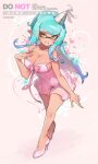  1girl aqua_hair artist_name blue_hair blush breasts cleavage collarbone commentary dress full_body gradient_hair hat high_heels highres inkling inkling_girl inkling_player_character jinkoika large_breasts leaning_forward legs long_hair looking_at_viewer multicolored_hair paint_splatter parted_lips party_hat pink_background pink_dress pink_ribbon pink_shoes pointy_ears ribbon shoes smile solo splatoon_(series) standing strap_slip teeth tentacle_hair twitter_username untranslatable_commentary yellow_eyes 