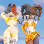 1:1 2026 3d_(artwork) alternate_hairstyle anthro arm_tattoo armwear bedroom_eyes belly_tattoo bikini black_body black_fur bottomwear bow_ribbon calico_cat calico_pattern cate_meowdy clothing collar cousins_(lore) digital_media_(artwork) domestic_cat dot_eyes duo ear_piercing elbow_gloves epic_games eyebrows felid feline felis female fingerless_gloves fortnite frilly frilly_bikini frilly_clothing frilly_swimwear fur gloves gold_bikini gold_gloves gold_piercing gold_skirt hand_on_belly hands_behind_head handwear hi_res leg_tattoo looking_at_viewer macu031 mammal meow_skulls miniskirt multicolored_body multicolored_fur narrowed_eyes navel orange_body orange_fur piercing raised_eyebrows seductive simple_eyes skirt sky spiked_collar spikes swimwear tattoo twintails_(hairstyle) two-piece_swimsuit white_body white_fur yellow_eyes