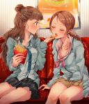  2girls blush bow breasts brown_hair cardigan cleavage closed_eyes commentary couch eating english_text feeding food french_fries hair_bun highres hojo_karen holding holding_food idolmaster idolmaster_cinderella_girls indoors jewelry kamiya_nao long_hair looking_at_another loose_necktie medium_breasts multiple_girls najuco_(naju0517) necklace necktie on_couch open_clothes open_mouth open_shirt plaid_clothes plaid_skirt pleated_skirt ponytail poster_(object) restaurant school_uniform sharing_food shirt single_hair_bun sitting skirt star_(symbol) star_necklace yuri 