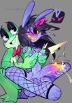  2girls blush bow bowtie breast_cutouts clenched_teeth colored_teeth disabledfetus fishnet_gloves fishnet_thighhighs fishnet_top fishnets frog_girl furry furry_with_furry futa_with_female futanari futasub gloves grabbing_another's_breast grabbing_from_behind groping heart highres jax_(female)_(the_amazing_digital_circus) jax_(the_amazing_digital_circus) multiple_girls penis puffy_nipples rabbit_girl ribbit_(the_amazing_digital_circus) simple_background spoken_heart teeth the_amazing_digital_circus thighhighs yellow_teeth 