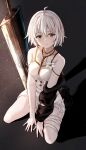  1girl absurdres ahoge arms_between_legs bandaged_leg bandages black_boots boots collarbone commentary_request dress fia_(mementomori) flower from_above frown hair_between_eyes highres huge_weapon kneeling looking_at_viewer mementomori_(game) raikun_raikun short_hair skindentation solo split_mouth weapon white_dress white_hair yellow_eyes 