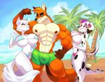  anthro arctic_fox beach big_breasts bikini blush breasts briefs canid canine canis clothing dalmatian dalya_(kisha_pandorum) domestic_dog duo dymitr3 emily_(emily_rose) fairfax_(mario_toledo) fan_character female female/female fox green_eyes grey_eyes hi_res male male/female mammal muscular muscular_male outside pink_eyes red_fox sand seaside spots spotted_body swimwear two_piece_swimsuit underwear 