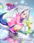  absurdres commentary_request copyright_notice dragon_girl dragon_horns dragon_princess_(z/x) dragon_tail dutch_angle grey_hair highres holding holding_umbrella horns jacket long_hair looking_at_viewer official_art pink_jacket pink_raincoat raincoat red_eyes sakofu squatting tail transparent transparent_umbrella two_side_up umbrella z/x 
