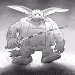  1boy big_the_cat commentary cosplay english_commentary fishing_rod friday_the_13th furry furry_male gloves greyscale highres hockey_mask holding holding_fishing_rod jason_voorhees jason_voorhees_(cosplay) mask monochrome solo sonic_(series) tracy_yardley 