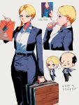  1boy 1girl alfred_pennyworth batman_(series) blonde_hair blue_eyes braid butler dc_comics duanyuyu0201 earrings eyeshadow formal_clothes highres jacket jewelry lipstick makeup raised_eyebrow shirt suit_jacket verity_pennyworth vest 