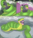 anthro bite black_body canid canine canis coiling comic deep_throat dialogue digital_media_(artwork) duo energy_drain english_text feral fur green_body grey_body grey_fur gumming hair hi_res jajuka male male_pred male_prey mammal muckers nude open_mouth oral oral_penetration oral_vore outside penetration reptile scalie serpentine_vore size_difference snake speech_bubble suction_cup_(anatomy) suction_marks tacokurt tail text vore wolf wolfe_(commander_wolfe) yellow_eyes