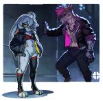 2025 3_toes :< ahoge anthro athletic athletic_anthro athletic_female bangs bare_chest bent_legs black_clothing black_jacket black_topwear bottomless bottomless_anthro bottomless_female bottomwear brown_body brown_fur bulge canid canine canis chain_necklace chest_tuft clothed clothed_anthro clothed_female clothed_male clothing clover_(polygoncherub) colored countershading coyote crotch_tuft cybernetic_arm cybernetic_eye cybernetic_limb cybernetics detailed detailed_background digital_drawing_(artwork) digital_media_(artwork) duo facial_hair facial_markings feet female female_anthro female_focus front_view fur goatee hair hand_on_wall hands_in_both_pockets head_markings hi_res inner_ear_fluff jacket jewelry knee_highs lagomorph larger_anthro larger_male leaning_on_wall leg_tuft legwear leporid long_ears looking_at_another looking_at_viewer machine male male_anthro mammal markings midriff mohawk multiple_poses muscular muscular_anthro muscular_male navel necklace nub_tail pink_hair polygoncherub pose rabbit red_eyes robot_anthro shaded short_hair side_bangs signature size_difference smaller_anthro smaller_female solo_focus standing tail tailless thigh_highs toes topwear topwear_only tuft unnamed_character white_body white_fur white_hair white_tail yellow_sclera
