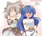  2girls absurdres armlet bangs bare_shoulders blue_eyes blue_hair blush bracelet breasts cleavage dress eyebrows_visible_through_hair fire_emblem fire_emblem_awakening fire_emblem_heroes flower grey_hair hair_between_eyes hair_flower hair_ornament highres jewelry long_hair looking_at_viewer lucina_(fire_emblem) multiple_girls official_alternate_costume open_mouth robin_(fire_emblem) robin_(fire_emblem)_(female) signature sleeveless sleeveless_dress twintails twitter_username white_dress yamagiwajustin yellow_eyes 