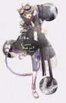  1girl absurdres ahoge animal_ears black_coat cat_ears coat commentary english_commentary full_body goggles goggles_on_head grey_eyes hair_between_eyes highres indie_virtual_youtuber jean_faymas_(vtuber) lanyard looking_at_viewer mechanical_ears mechanical_tail open_mouth pants purple_hair purple_pants shikihutuka short_hair simple_background solo standing standing_on_one_leg tail v v_over_eye vershion virtual_youtuber white_background 