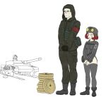  1boy 2girls :3 absurdres angry blank_eyes boots buhanka-chan camouflage camouflage_jacket camouflage_pants commentary english_commentary explosive grey_eyes grey_sweater grey_thighhighs helmet highres hood hood_up jacket kivvidraws marichka medium_hair military_vehicle mine_(weapon) motor_vehicle multiple_girls original pants pants_tucked_in red_hair ribbed_sweater russo-ukrainian_war short_hair sweater tank thighhighs v_arms white_background z_(russian_symbol) 