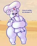  2022 4:5 absurd_res anthro apron big_breasts bimbo_(bakery) bimbo_bear bimbo_bread blue_eyes breast_squish breasts chef_hat cleavage clothed clothing curvy_figure dialogue digital_media_(artwork) eyelashes female freckles fur hat headgear headwear hi_res huge_breasts huge_hips mammal mascot smile solo spanish_text squish stunnerpony text thick_thighs ursid white_body white_fur 
