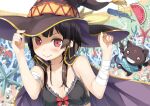  1girl bandaged_arm bandages bikini black_bikini black_hair blush breasts cape cat chomusuke commentary hand_on_headwear hat highres innertube kantoku kono_subarashii_sekai_ni_shukufuku_wo! looking_at_viewer megumin red_eyes short_hair small_breasts smile starfish swimsuit upper_body witch_hat 