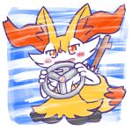 1:1 2024 ambiguous_anthro ambiguous_gender annyui0611 anthro biped braixen canid digital_drawing_(artwork) digital_media_(artwork) digitigrade dipstick_tail front_view full-length_portrait generation_6_pokemon hi_res japanese_description looking_at_viewer mammal markings nintendo object_in_tail open_mouth pokemon pokemon_(species) portrait simple_background sitting solo steering_wheel stick stick_in_tail tail tail_markings translated_description wariza