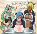  1boy 2girls ^_^ absurdres anger_vein angry arms_under_breasts arrancar artist_name bare_shoulders birthday_cake black_shirt bleach bleach:_epilogue blonde_hair blue_hair blush breasts cake character_doll cleavage closed_eyes collarbone commentary covered_mouth cowboy_shot crossed_arms dark-skinned_female dark_skin detached_sleeves doll doodle_inset embarrassed english_commentary english_text eyebrows_hidden_by_hair facial_mark food green_eyes green_hair grimmjow_jaegerjaquez groin hair_between_eyes hakama happy happy_birthday highres indoors ivizard japanese_clothes large_breasts long_hair long_sleeves looking_at_another mask mouth_mask multiple_girls navel nelliel_tu_odelschwanck nose nose_blush open_clothes open_mouth open_shirt puff_of_air shirt short_hair simple_background sitting skull_on_head smile spiked_hair standing stomach thick_eyebrows tier_harribel trembling tsurime upper_body very_long_hair white_hakama yellow_background 