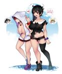  2girls adapted_costume aoshima asymmetrical_legwear bangs black_hair black_legwear black_shirt black_shorts blush breasts cleavage closed_mouth collarbone commentary_request contemporary frown full_body groin heart high_heels highres hood hood_up hoodie houjuu_nue implied_yuri interlocked_venus_symbols jewelry kijin_seija large_breasts long_hair looking_afar looking_at_another looking_to_the_side loose_socks micro_shorts midriff multicolored_hair multiple_girls naked_hoodie navel necklace no_bra no_wings open_mouth purple_footwear red_eyes red_hair shirt shoes short_hair short_sleeves shorts single_thighhigh smile spoken_character spoken_heart spoken_venus_symbol streaked_hair sukuna_shinmyoumaru thighhighs toramaru_shou touhou venus_symbol white_background white_hair white_hoodie wristband 