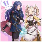  2girls absurdres bangs blonde_hair blue_eyes blue_hair blush cape dress fingerless_gloves fire_emblem fire_emblem_awakening gloves hair_between_eyes hair_ornament highres lissa_(fire_emblem) long_hair lucina_(fire_emblem) multiple_girls open_mouth short_twintails smile staff tiara twintails yunare 