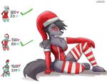 2025 abs absurd_res anthro armwear artist_name barefoot bedroom_eyes black_hair breasts canid canid_demon canine chest_tuft christmas christmas_clothing christmas_headwear clothing crossgender demon elbow_gloves feet female fur gloves grey_body grey_fur hair handwear hat headgear headwear hellaverse hellhound helluva_boss hi_res holidays leg_warmers legwear leotard looking_at_viewer mammal mtf_crossgender muscular muscular_female mythological_canine mythological_creature mythology narrowed_eyes pattern_clothing pattern_leg_warmers pattern_legwear pose red_armwear red_clothing red_elbow_gloves red_gloves red_handwear red_leotard red_sclera santa_hat seductive short_hair side_view simple_background sitting smile solo strapless_clothing strapless_leotard striped_clothing striped_leg_warmers striped_legwear stripes tail text thegiftedfire tuft twitter_handle vortex_(helluva_boss) white_background white_eyes