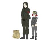  1boy 1girl :3 absurdres blank_eyes boots buhanka-chan camouflage camouflage_jacket camouflage_pants commentary english_commentary explosive grey_eyes grey_sweater grey_thighhighs helmet highres hood hood_up jacket kivvidraws medium_hair mine_(weapon) original pants pants_tucked_in red_hair ribbed_sweater russo-ukrainian_war short_hair sweater thighhighs v_arms white_background z_(russian_symbol) 