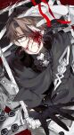  1boy absurdres anniversary arm_up black-framed_eyewear black_gloves blood blood_on_face blood_splatter brown_hair coat commentary dated empty_eyes empty_picture_frame eye_socket g3areye_91 glasses glint gloves grey_coat grey_scarf grin guro hand_up highres honkai:_star_rail honkai_(series) lapels long_sleeves looking_at_viewer male_focus missing_eye multicolored_hair notched_lapels open_clothes open_coat picture_frame rectangular_eyewear ribbon scarf short_hair single_hair_intake smile solo streaked_hair upper_body vest welt_yang white_streaks white_vest 