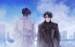  2boys absurdres black_coat black_eyes black_hair black_shirt coat highres kim_dokja m10h male_focus multiple_boys omniscient_reader's_viewpoint shirt short_hair sky white_coat yoo_joonghyuk 