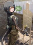  1girl absurdres black_hair bullet_hole camouflage camouflage_pants commentary commission dgkamikaze english_commentary english_text green_tank_top gun handgun highres holding holding_gun holding_weapon looking_to_the_side medium_hair open_mouth original p2000 pants scales slit_pupils snake_girl snake_tail solo standing tail tank_top target_practice trigger_discipline weapon yellow_eyes 