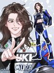  1girl an_yujin black_pants black_shirt blue_jacket breasts brown_eyes brown_hair confetti crop_top cropped_shirt dunlop helmet highres ive_(group) jacket k-pop looking_at_viewer looking_to_the_side medium_hair moto_gp motorcycle_helmet multiple_views os-da pants parted_lips racing_suit real_life shirt small_breasts smile suzuki_(company) unworn_headwear unworn_helmet v 