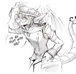 2026 anthro bottomwear brooch cheek_spots clothing cool_s cosplay curled_tail deadlock_(game) doorman_(deadlock) english_text fangs female female_anthro flat_chested furgonomic_headwear furgonomics gargoyle hair hat headgear headwear hi_res holding_suitcase horn_through_headwear ivy_(deadlock) jacket monochrome pants simple_background sketch smile smiling_at_viewer snout solo speech_bubble tail tail_ridge teeth text thekittlekat topwear valve wings
