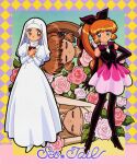  1990s_(style) 2girls absurdres bangs black_footwear black_gloves blue_eyes closed_eyes dress elbow_gloves eyebrows_visible_through_hair flower full_body futari_wa_precure gloves habit hand_on_hip haneoka_meimi high_heels high_ponytail highres juliet_sleeves kaitou_saint_tail long_dress long_hair long_sleeves magical_girl mimori_seira multiple_girls multiple_views non-web_source official_art open_mouth orange_hair own_hands_together pink_flower pink_rose precure puffy_sleeves purple_eyes retro_artstyle rose saint_tail scan short_dress smile standing turtleneck white_dress 