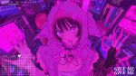  1girl black_collar black_hair bookshelf breasts chain choker claw_ring cleavage cleavage_cutout clothing_cutout collar commentary english_text face_piercing fingerless_gloves from_above gloves heart_cutout highres hood hood_up indoors lip_piercing looking_at_viewer monitor najuco_(naju0517) neon_palette original parted_lips piercing pink_theme purple_eyes purple_theme short_hair solo spiked_collar spikes upper_body 