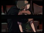  1boy 1girl ace_attorney amikoiiko apollo_justice:_ace_attorney arm_around_neck belt belt_buckle black_belt black_border black_shirt blonde_hair blurry blurry_background blush border box brown_hair brown_pants buckle cardboard_box closed_eyes collared_shirt commentary dark-skinned_male dark_skin earrings ema_skye facing_away facing_to_the_side fingernails green_vest gyaruo head_tilt holding_neckerchief hug hug_from_behind index_ring initial jewelry klavier_gavin long_hair long_sleeves multiple_rings neckerchief pants pink_shirt pocket popped_collar red_neckerchief ring shelf shirt single_earring sleeves_rolled_up striped_foreground sweat untranslatable_commentary upper_body vest waistcoat 