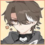  1boy black-framed_eyewear border brown_eyes brown_hair closed_mouth eyewear_visible_through_hair g3areye_91 grey_scarf hair_over_one_eye honkai:_star_rail honkai_(series) looking_at_viewer male_focus multicolored_hair orange_border outline portrait scarf short_hair simple_background single_hair_intake solo streaked_hair v-shaped_eyebrows welt_yang white_outline white_streaks yellow_background 