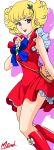  1970s_(style) 1girl absurdres bag blonde_hair blue_eyes blue_ribbon boots brooch commentary curly_hair dress drop_shadow flower_brooch flower_hairpin frilled_dress frilled_sleeves frills hair_ornament hana_no_ko_lunlun handbag highres jewelry looking_at_viewer lunlun_(hana_no_ko_lunlun) masaaki_endo open_mouth red_boots retro_artstyle ribbon short_hair signature solo white_background 