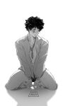  1boy arms_between_legs blush body_freckles boku_no_hero_academia bulge collarbone commentary english_commentary freckles full_body highres kneeling looking_at_viewer male_focus male_underwear midoriya_izuku necktie oshidraws scar scar_on_face shirt short_hair simple_background solo sweat t-shirt thighs underwear white_background 