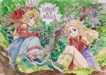  animal_ears blonde_hair blue_eyes closed_mouth detached_sleeves dress full_body furry furry_female hair_ornament hair_tubes hat highres imu_(lom) kobayashi_chizuru legend_of_mana long_hair looking_at_viewer multiple_boys multiple_girls seiken_densetsu sierra smile toto_(lom) weapon 