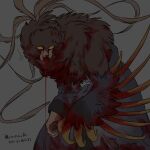  1boy all_fours blank_eyes bleeding blood blood_from_mouth blood_on_clothes blood_on_face colored_sclera feet_out_of_frame grey_background kenkon_no_washi long_sleeves male_focus monster_boy parted_lips robe solo standing suzumori_521 talons winged_arms wings yellow_sclera 