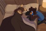 2025 anthro avian beak bed bedding bird blanket blue_clothing blue_shirt blue_topwear blush blush_lines bottomwear brown_body brown_eyes brown_hair cheek_tuft city_feathers claws clothing countershade_face countershading curtains dated duo eyes_closed facial_tuft female floor furniture hair hallux hi_res high-angle_view jay_(sammfeatblueheart) jayheartwing kneeling lagomorph lamp leporid male mammal mattress nightstand pattern_bottomwear pattern_clothing pattern_shorts pillow rabbit ria_(sammfeatblueheart) scuted_hands scuted_legs scutes shirt shorts sleeping striped_bottomwear striped_clothing striped_shorts stripes text toe_claws topwear trogon trogonid tuft url watermark winged_arms wings wood wood_floor yellow_beak
