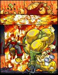 ambiguous_gender anthro big_breasts big_butt boots bottomwear breasts butt cleavage clothed clothing comic cybernetic_arm cybernetic_limb digital_media_(artwork) elemental_creature equid equine explosion explosives eyewear female feral footwear giraffe giraffid glasses grenade group horse huge_butt jacket lava lava_creature luray_giraffe male mammal mineral_fauna panties sendo_(virus-20) shoes shorts shorts_off tail topwear trio underwear virus-20 weapon worm