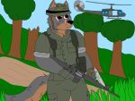 4:3 aircraft anthro assault_rifle bible_verse brutus_airsoft canid canine canis clothing forest_background gun handgun helicopter hi_res m16 m1911 male mammal military military_uniform olive_drab pistol plant ranged_weapon red_eyes rifle scar solo tactical tree uniform vehicle vietnam_war weapon wolf